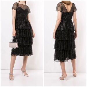Marchesa Notte Starry Glittered Tulle Gown Tea Length Dress Black Sparkle Sz 8